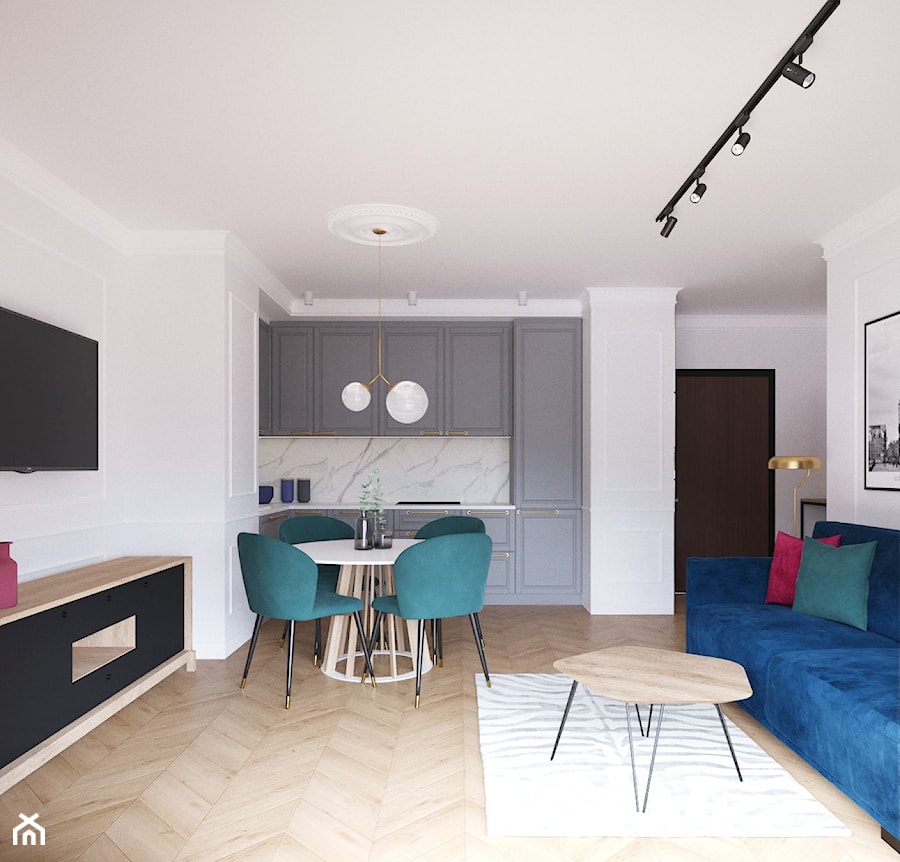 Gdańsk apartament na wynajem - Mała otwarta z salonem biała z zabudowaną lodówką z nablatowym zlewozmywakiem kuchnia w kształcie litery l, styl nowoczesny - zdjęcie od MEBLOŚCIANKA STUDIO