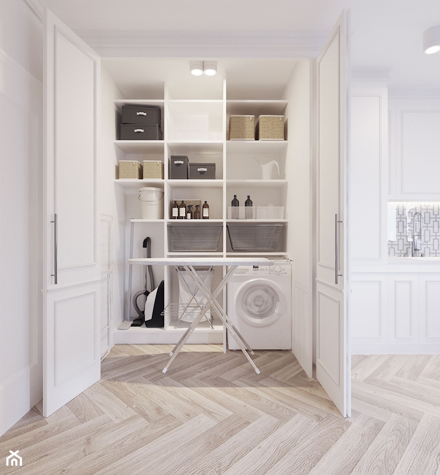 Apartament - Mechelinki - Mała zamknięta z pralnią garderoba, styl glamour - zdjęcie od MEBLOŚCIANKA STUDIO