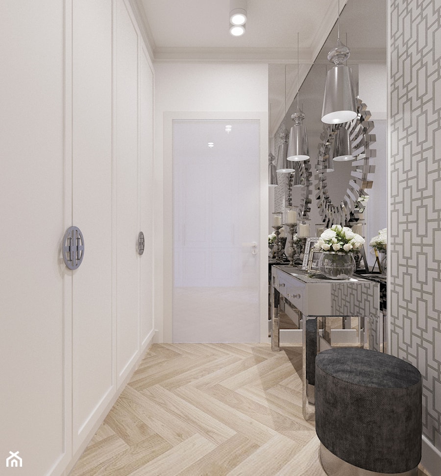 Apartament - Mechelinki - Średni biały szary hol / przedpokój, styl glamour - zdjęcie od MEBLOŚCIANKA STUDIO