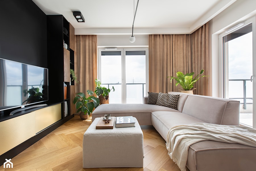 REALIZACJA -wnętrza apartamentu w Warszawie - Średni biały czarny salon, styl nowoczesny - zdjęcie od The Wall Pracownia Architektury i Wnętrz