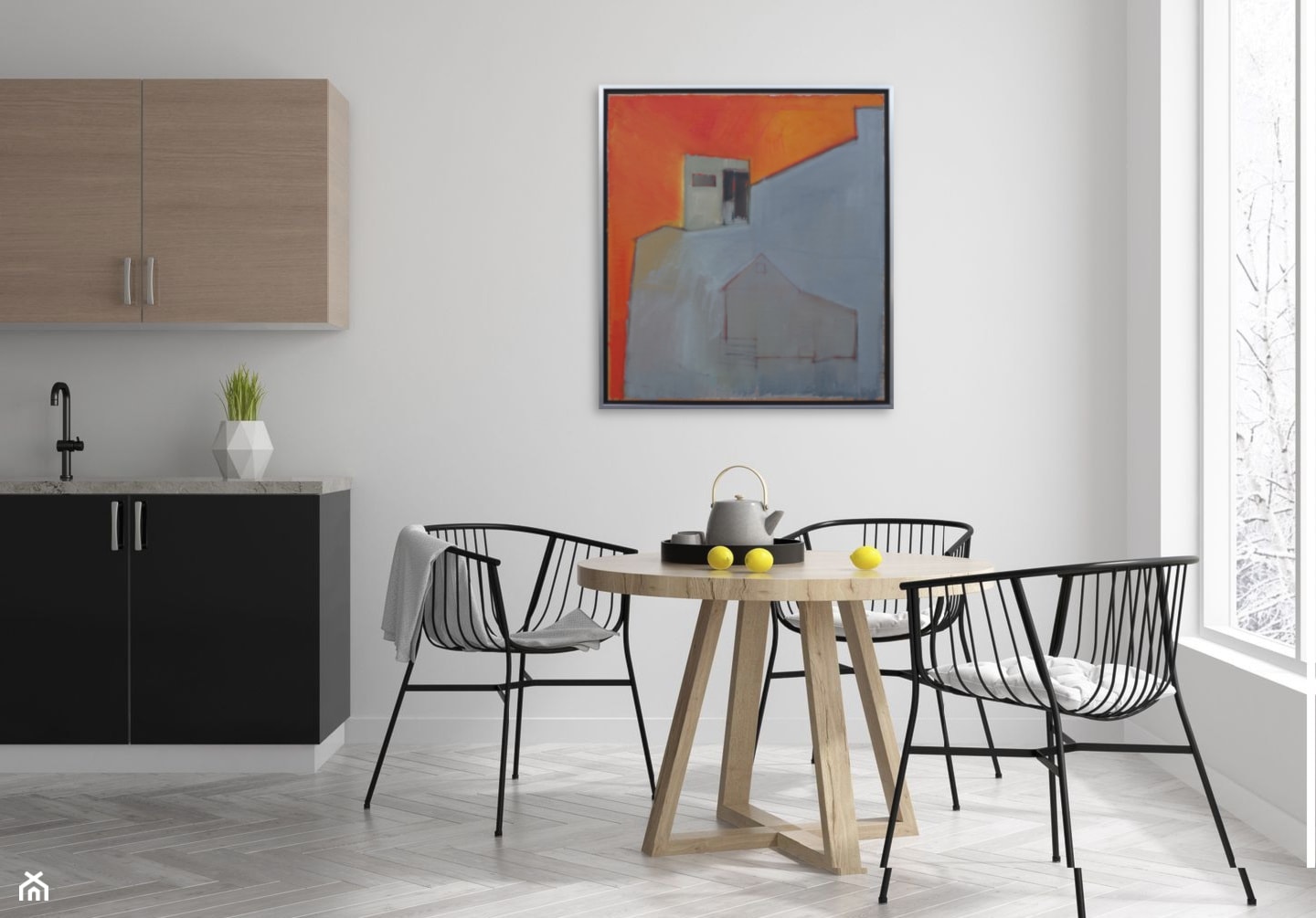 Obraz olejny w nowoczesnej minimalistycznej kuchni. - zdjęcie od Galeria sztuki Art Office - Homebook