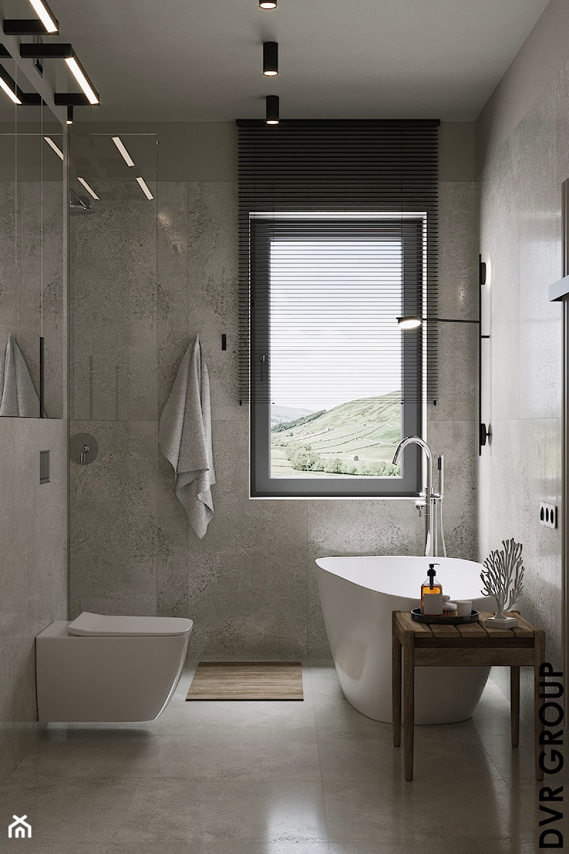 Szara minimalistyczna łazienka z oknem - zdjęcie od DVR Group