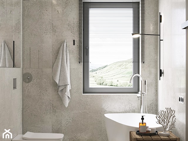 Minimalistyczna szara łazienka z oknem