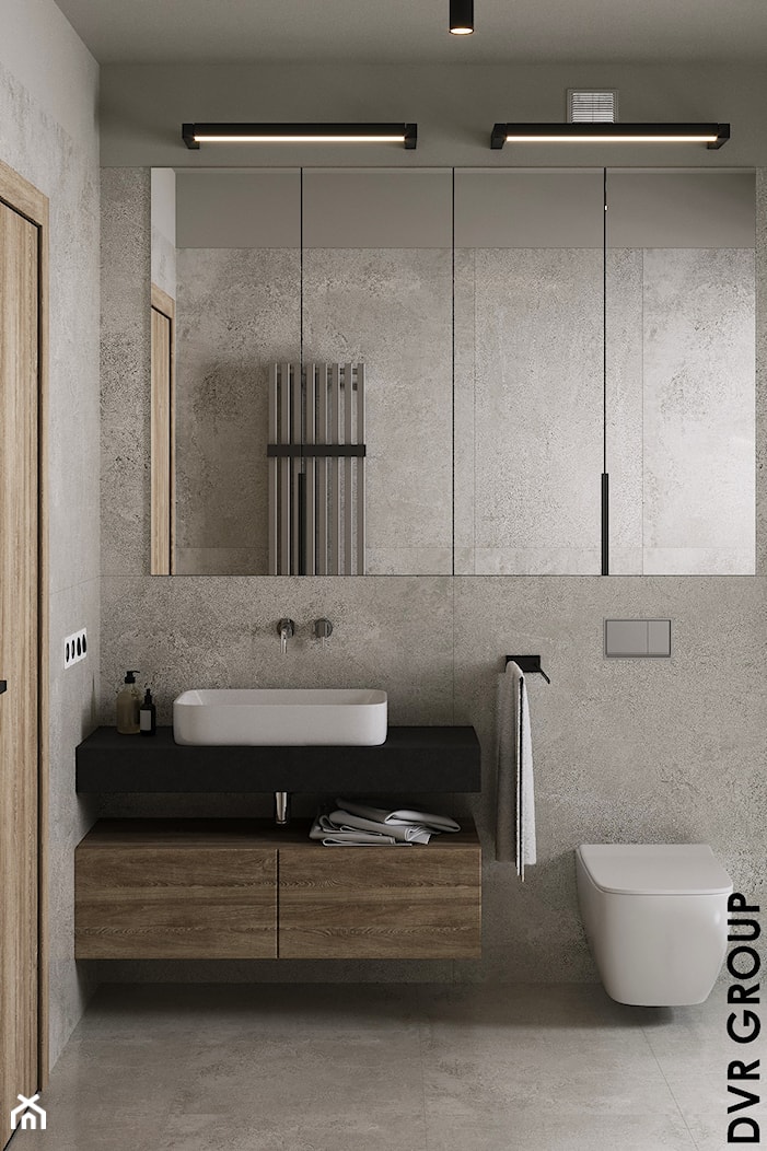 Szara minimalistyczna łazienka z oknem - zdjęcie od DVR Group - Homebook