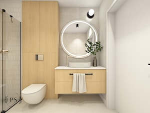 Minimalistyczna łazienka w jasnych barwach z akcentem drewna - zdjęcie od piękno stylu