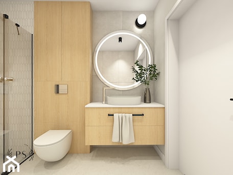 Aranżacje wnętrz - Łazienka: Minimalistyczna łazienka w jasnych barwach z akcentem drewna - piękno stylu. Przeglądaj, dodawaj i zapisuj najlepsze zdjęcia, pomysły i inspiracje designerskie. W bazie mamy już prawie milion fotografii!