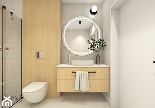 Minimalistyczna łazienka w jasnych barwach z akcentem drewna - zdjęcie od piękno stylu