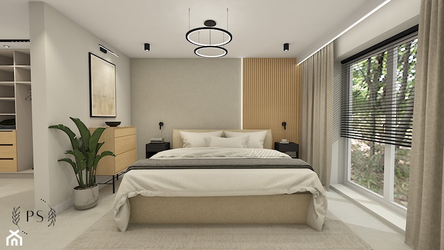 Sypialnia z drewnianymi lamelami - zdjęcie od piękno stylu