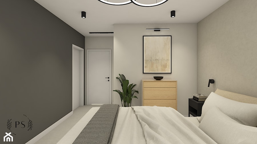 Minimalistyczna sypialnia z antracytową ścianą - zdjęcie od piękno stylu