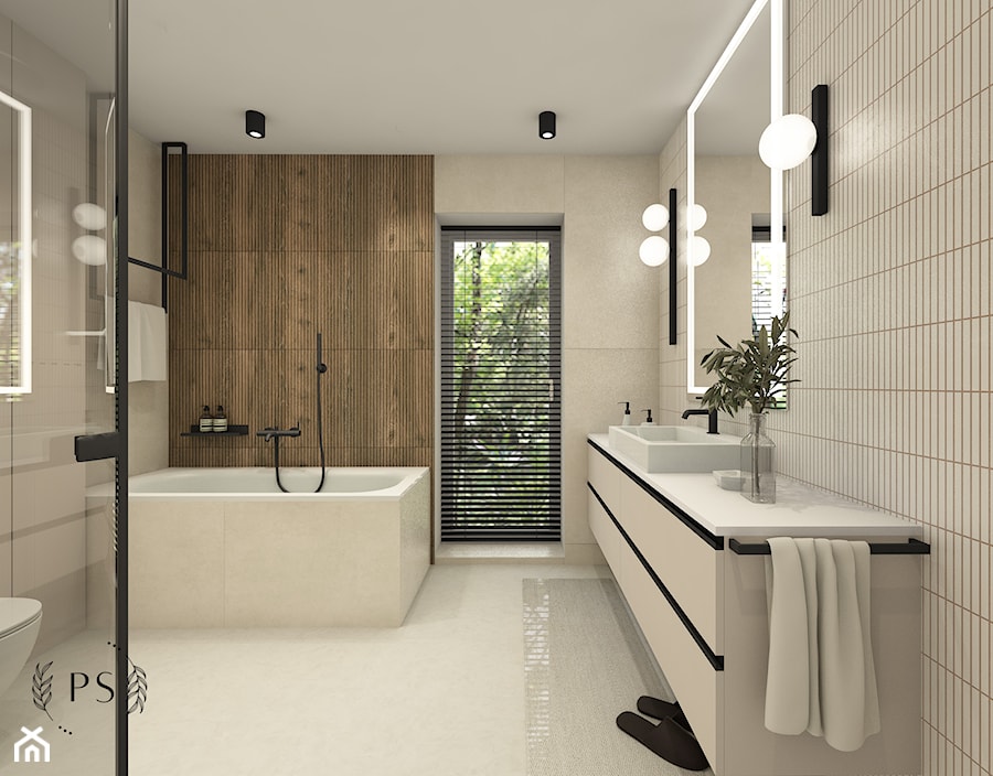 Minimalistyczna łazienka z ryflowanymi płytkami ala drewno - zdjęcie od piękno stylu