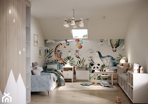 Prywatny dom - Średni biały niebieski pokój dziecka dla dziecka dla chłopca dla dziewczynki, styl skandynawski - zdjęcie od Iryna Bohun