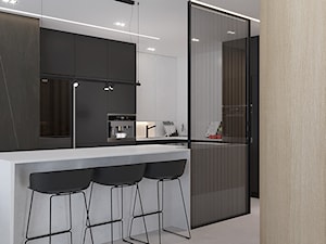 M558 Mieszkanie w Krakowie - Średnia otwarta biała z zabudowaną lodówką kuchnia w kształcie litery l z wyspą lub półwyspem, styl minimalistyczny - zdjęcie od Mist Architects