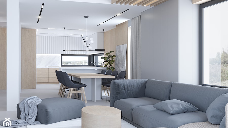D557 Dom w Bibicach - Biały salon z kuchnią z jadalnią, styl nowoczesny - zdjęcie od Mist Architects