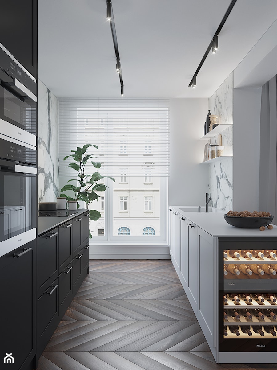 M489 Mieszkanie w Krakowie - Średnia otwarta biała z zabudowaną lodówką kuchnia dwurzędowa, styl tradycyjny - zdjęcie od Mist Architects