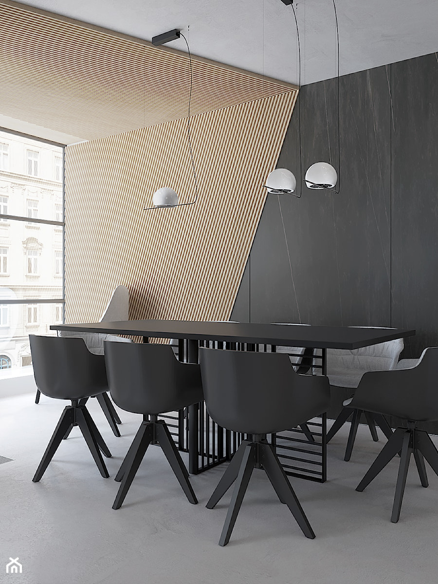 M558 Mieszkanie w Krakowie - Duża beżowa czarna jadalnia jako osobne pomieszczenie, styl minimalistyczny - zdjęcie od Mist Architects