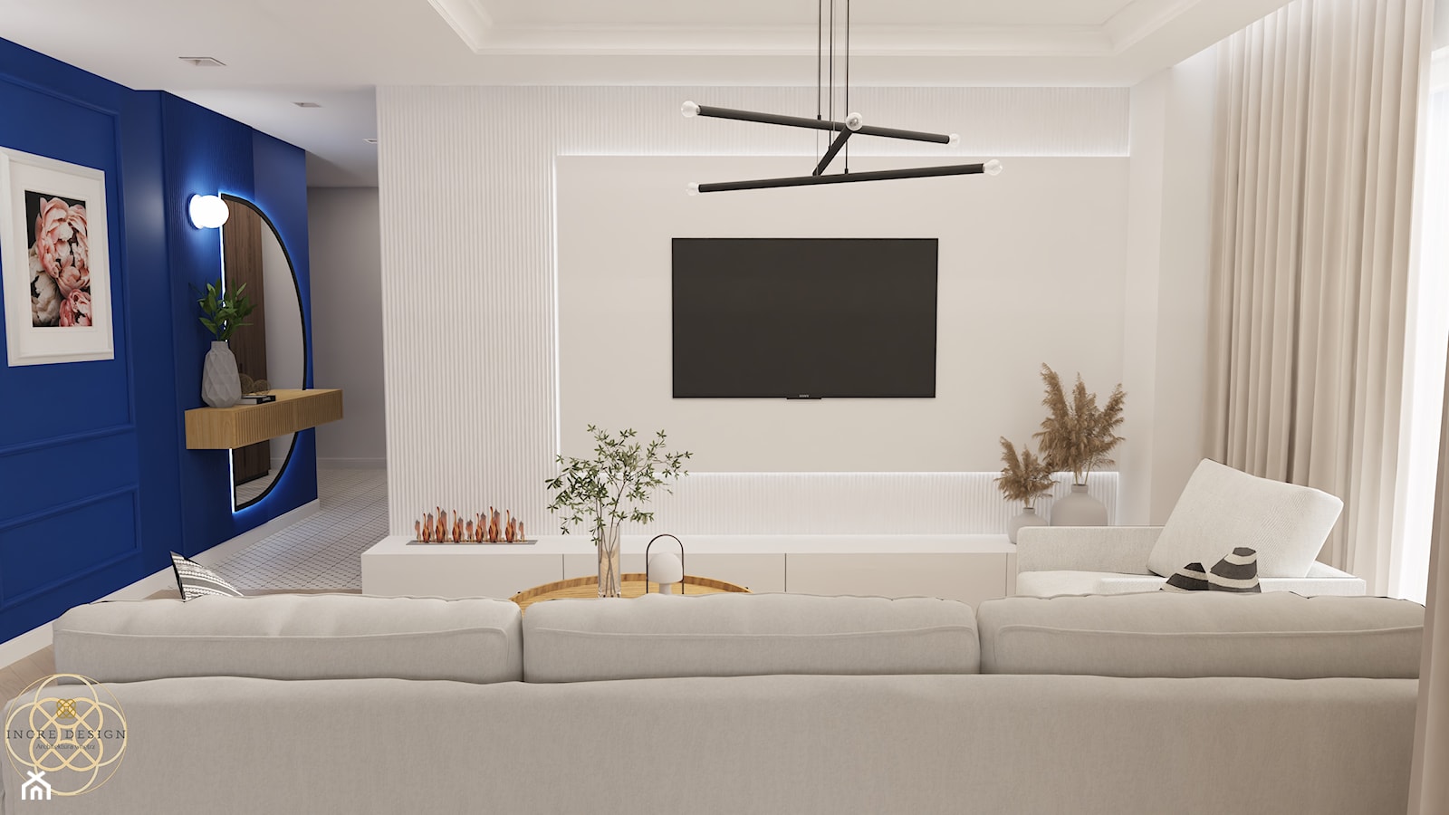 ściana telewizyjna z dekoracją - zdjęcie od INCRE DESIGN | Architektura wnętrz | Projekty online | Wizualizacje 3D | - Homebook