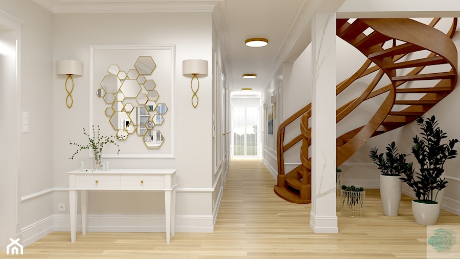 Hol w Rezydencji Parkowej - duży biały hol ze schodami drewnianymi w domu jednorodzinnym, w stylu hampton/klasyczny - zdjęcie od Tucholscy Kreatywnie