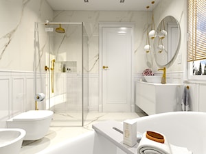 Łazienka w Rezydencji Parkowej - duża łazienka, jasna, biała, klasyczna ze sztukateriami, płytki marmur połączone ze złotą armaturą, sztukaterie, w domu jednorodzinnym, w stylu hampton/klasyczny - zdjęcie od Tucholscy Kreatywnie