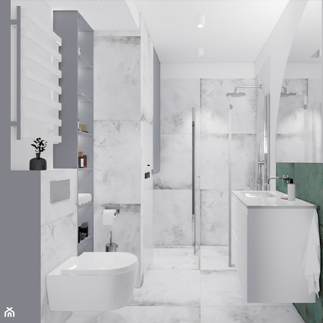 Wygodny „second home” w Warszawie - szara minimalistyczna łazienka - zdjęcie od jlw studio - pracownia projektowania wnętrz skoncentrowana na wydobywaniu potencjału z nieruchomości - Homebook