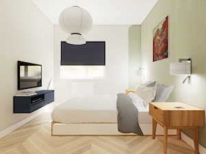 Wygodny „second home” w Warszawie - sypialnia z tapetą strukturalną - zdjęcie od jlw studio - pracownia projektowania wnętrz skoncentrowana na wydobywaniu potencjału z nieruchomości