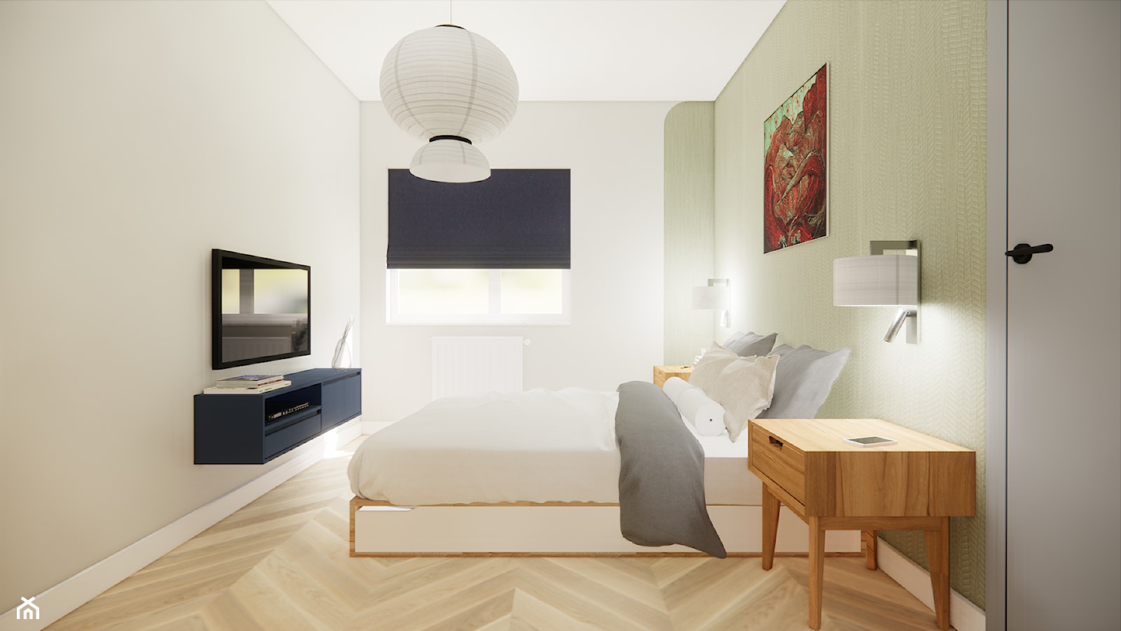 Wygodny „second home” w Warszawie - sypialnia z tapetą strukturalną - zdjęcie od jlw studio - pracownia projektowania wnętrz skoncentrowana na wydobywaniu potencjału z nieruchomości - Homebook