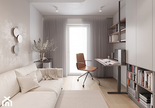 Projekt nowoczesnego mieszkania we Wrocławiu 60 m2 - Średnie w osobnym pomieszczeniu z sofą beżowe białe biuro, styl nowoczesny - zdjęcie od Kupyra Studio
