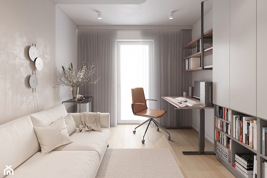 Projekt nowoczesnego mieszkania we Wrocławiu 60 m2 - Średnie w osobnym pomieszczeniu z sofą beżowe białe biuro, styl nowoczesny - zdjęcie od Kupyra Studio