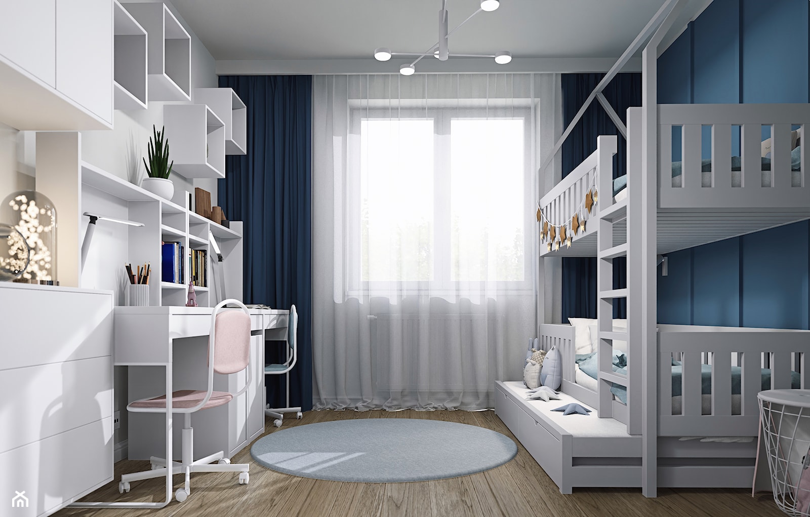Projekt pokoju dla rodzeństwa - błękitno-biały kontrast - zdjęcie od Mizu Design - Homebook
