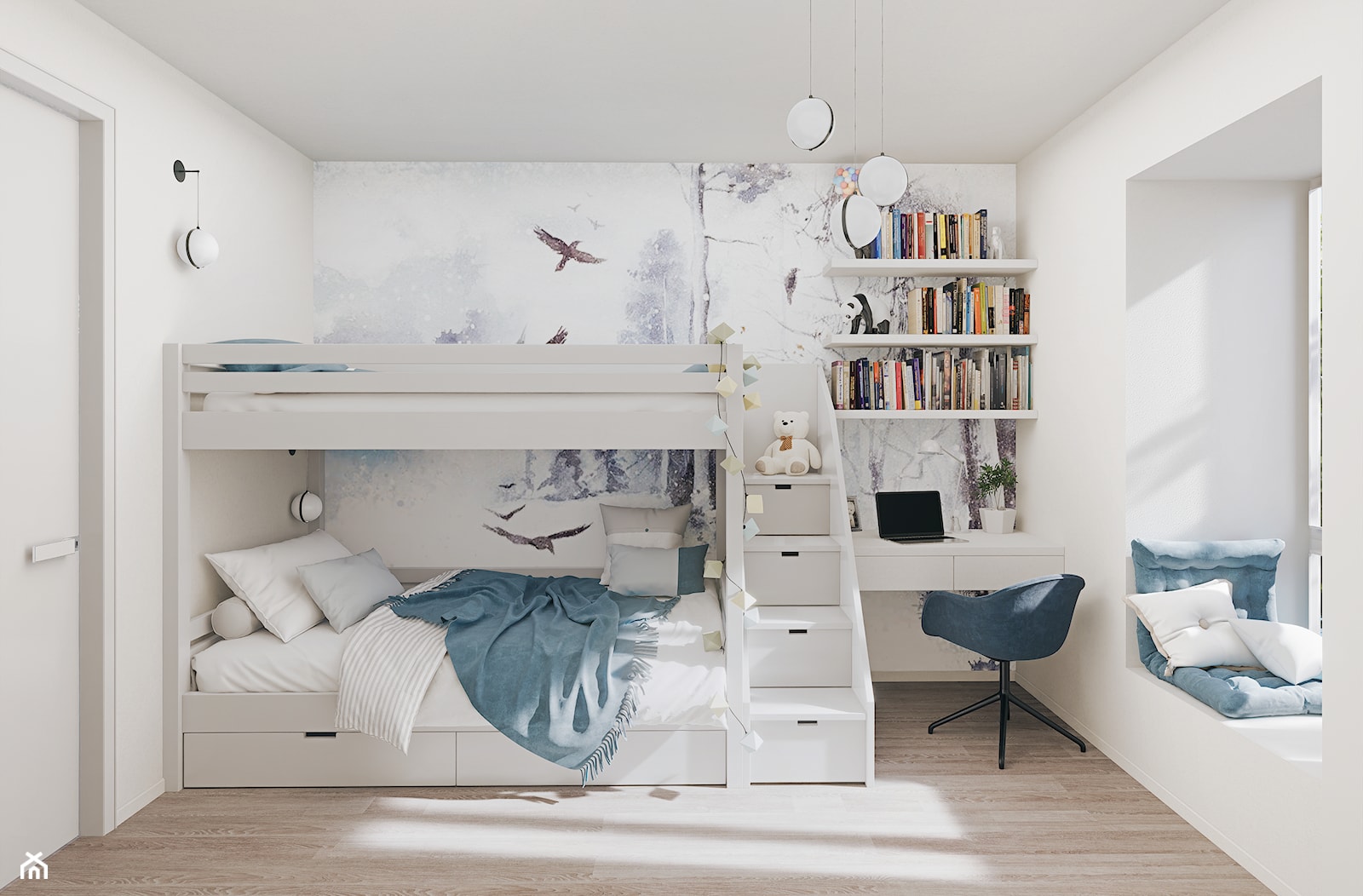 Pokoju dwójki rodzeństwa w biało-błękitnej kolorystyce z łóżkiem piętrowym - zdjęcie od Mizu Design - Homebook