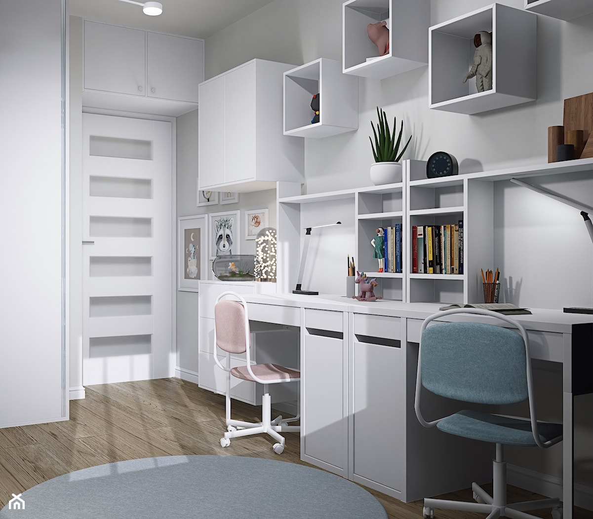 Projekt pokoju dla rodzeństwa - błękitno-biały kontrast - zdjęcie od Mizu Design - Homebook