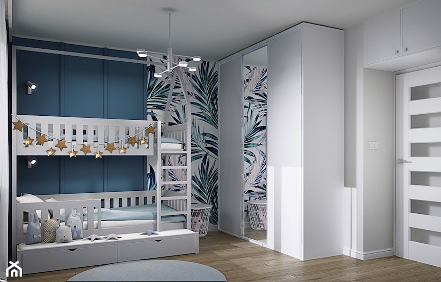 Projekt pokoju dla rodzeństwa - błękitno-biały kontrast - zdjęcie od Mizu Design