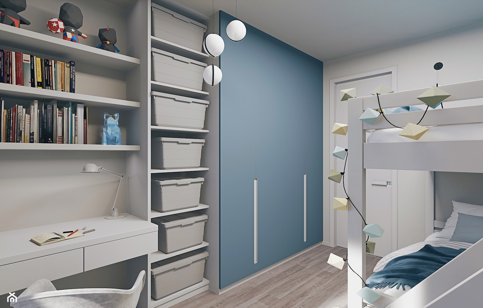 Pokoju dwójki rodzeństwa w biało-błękitnej kolorystyce z łóżkiem piętrowym - zdjęcie od Mizu Design - Homebook