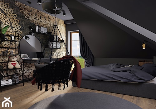 Projekt pokoju dziewczynki w ciemnej stylistyce z oryginalną tapetą i huśtawką - zdjęcie od Mizu Design