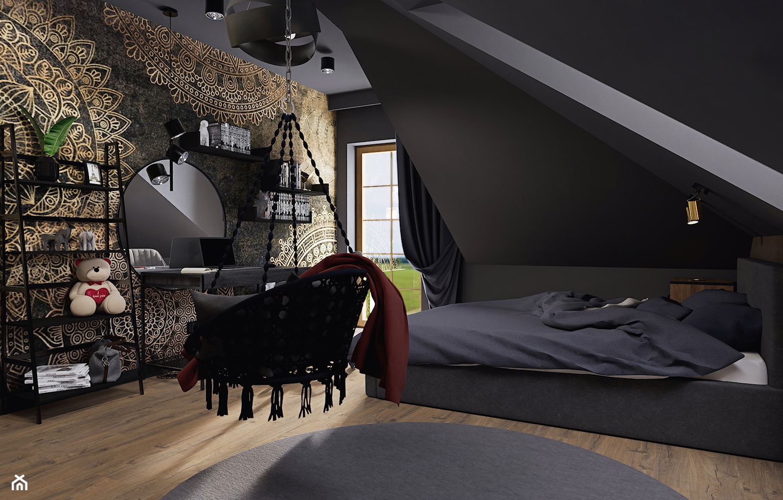 Projekt pokoju dziewczynki w ciemnej stylistyce z oryginalną tapetą i huśtawką - zdjęcie od Mizu Design - Homebook