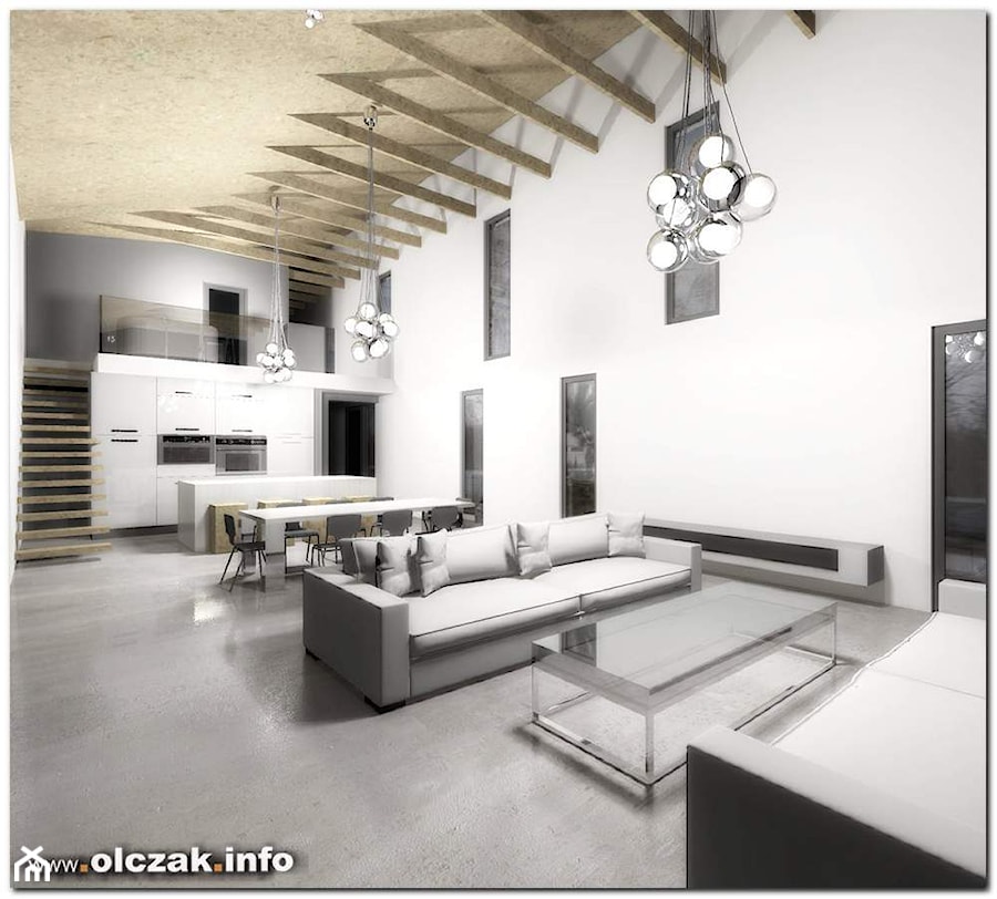 projekt nowoczesnego domu z jednospadowym dachem - Salon, styl nowoczesny - zdjęcie od Architekt Maciej Olczak