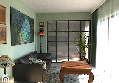 Strefa wypoczynkowa w salonie wydzielona ścianką działową z przeszkleniem - zdjęcie od Pracownia Alabarbara