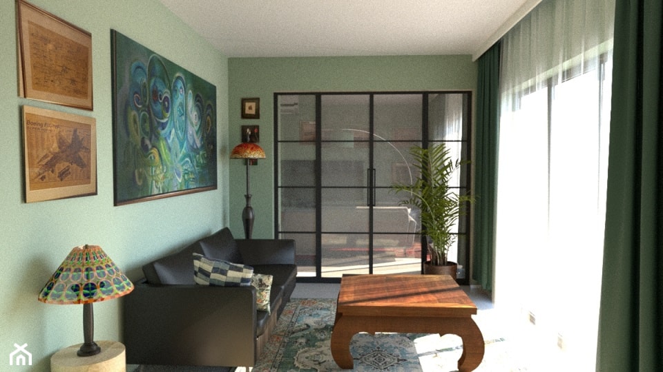 Strefa wypoczynkowa w salonie wydzielona ścianką działową z przeszkleniem - zdjęcie od Pracownia Alabarbara - Homebook
