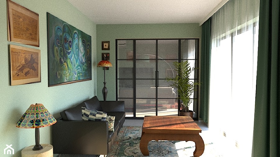 Strefa wypoczynkowa w salonie wydzielona ścianką działową z przeszkleniem - zdjęcie od Pracownia Alabarbara