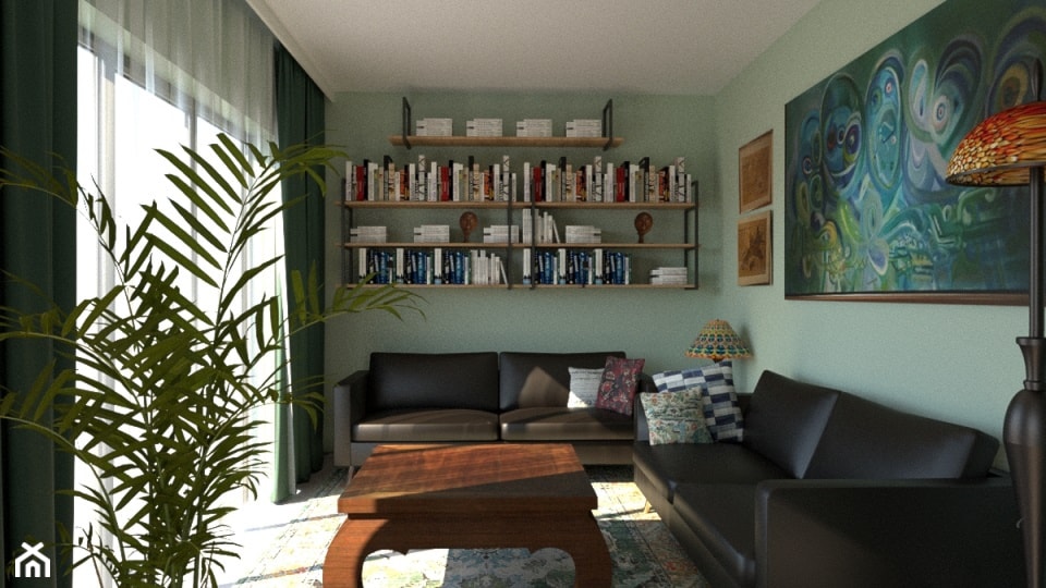 Strefa wypoczynkowa w salonie wydzielona ścianką działową z przeszkleniem - zdjęcie od Pracownia Alabarbara - Homebook