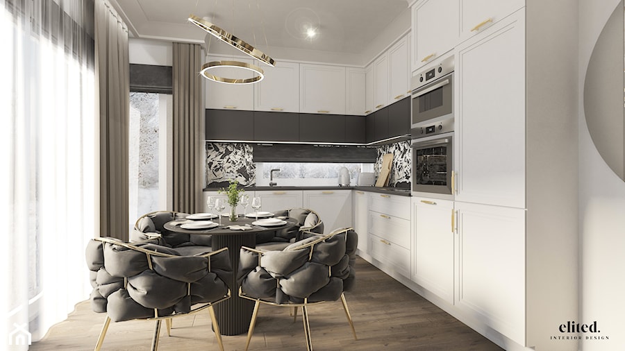 Nowoczesna, elegancka kuchnia z jadalnią ze złotymi dodatkami - zdjęcie od Elited Interior Design