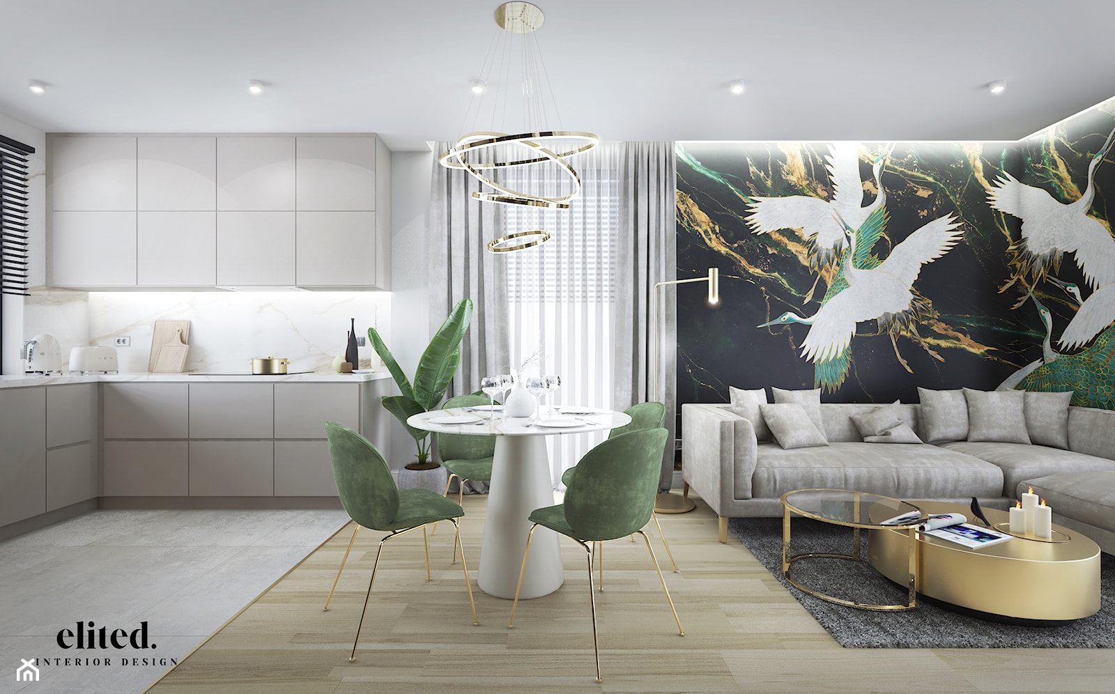 Elegancki, minimalistyczny salon z jadalnią oraz aneksem kuchennym - zdjęcie od Elited Interior Design - Homebook