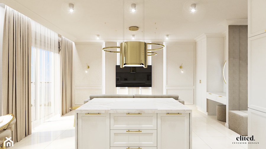 Aneks kuchenny z wyspą - widok na elegancki salon - zdjęcie od Elited Interior Design