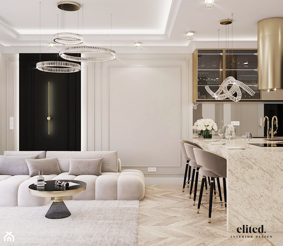 Salon oraz kuchnia we wnętrzu eleganckiego mieszkania - zdjęcie od Elited Interior Design