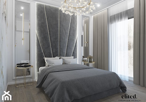Elegancka sypialnia w neutralnej kolorystyce ze złotymi dodatkami - zdjęcie od Elited Interior Design