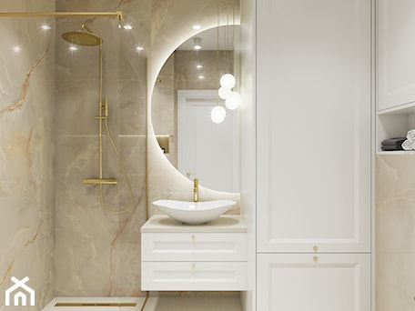 Aranżacje wnętrz - Łazienka: Elegancka beżowa łazienka ze złotymi dodatkami - Elited Interior Design. Przeglądaj, dodawaj i zapisuj najlepsze zdjęcia, pomysły i inspiracje designerskie. W bazie mamy już prawie milion fotografii!