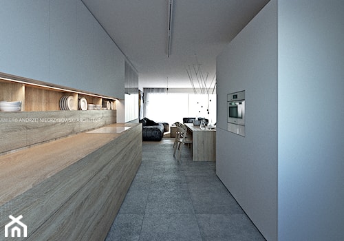 Metamorfoza szeregowca - Duża otwarta z salonem biała z zabudowaną lodówką kuchnia dwurzędowa z oknem, styl skandynawski - zdjęcie od ANIEA