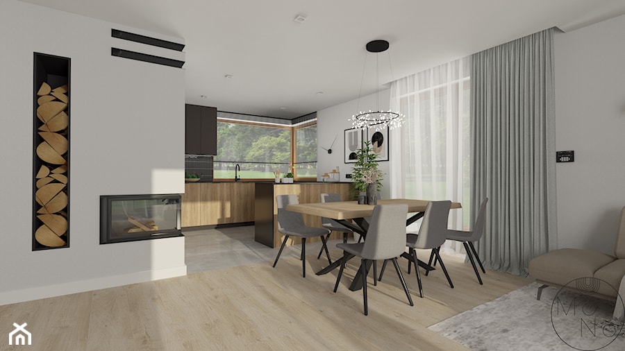 Salon z aneksem kuchennym w domu jednorodzinnym- wersja I - Jadalnia, styl nowoczesny - zdjęcie od MoNo Projekty Wnętrz