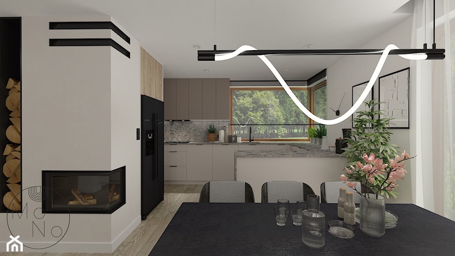 Salon z aneksem kuchennym w domu jednorodzinnym- wersja II - Kuchnia, styl nowoczesny - zdjęcie od MoNo Projekty Wnętrz