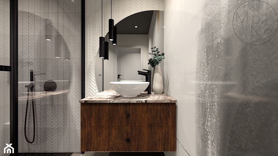 Łazienka-wzór jodełki, tapeta za szkłem - zdjęcie od MoNo Projekty Wnętrz