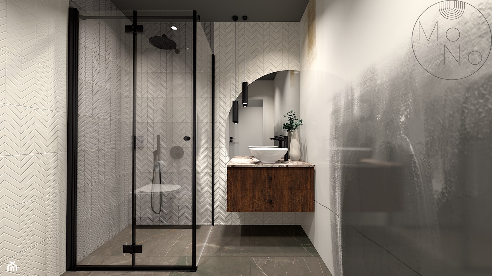 Łazienka-wzór jodełki, tapeta za szkłem - zdjęcie od MoNo Projekty Wnętrz - Homebook